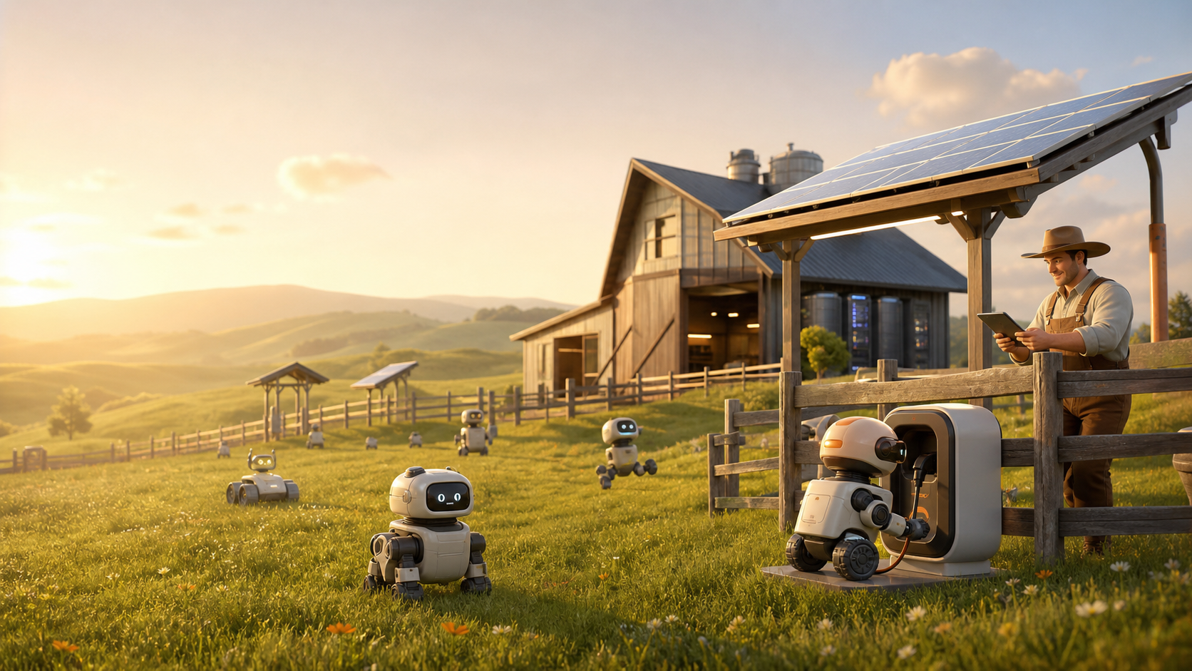 Small robots roaming a sunny ranch with charging shelters and a human caretaker